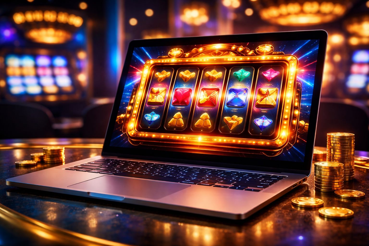 Online slots hero scene with glowing reels, jackpot mood, and smooth cross-device casino play.